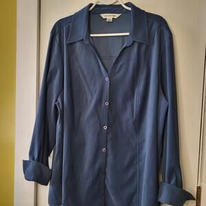 August Max jersey shirt in blue/gray women's 1X button-up long-sleeve with cuffs